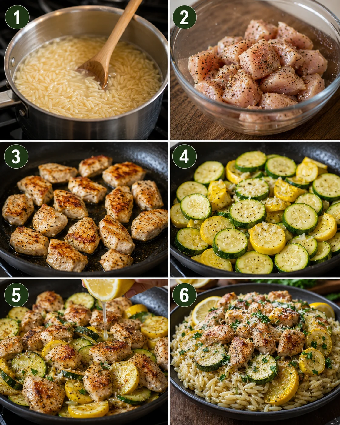 Colorful skillet with grilled chicken, zucchini, squash, lemon, and Parmesan cheese.