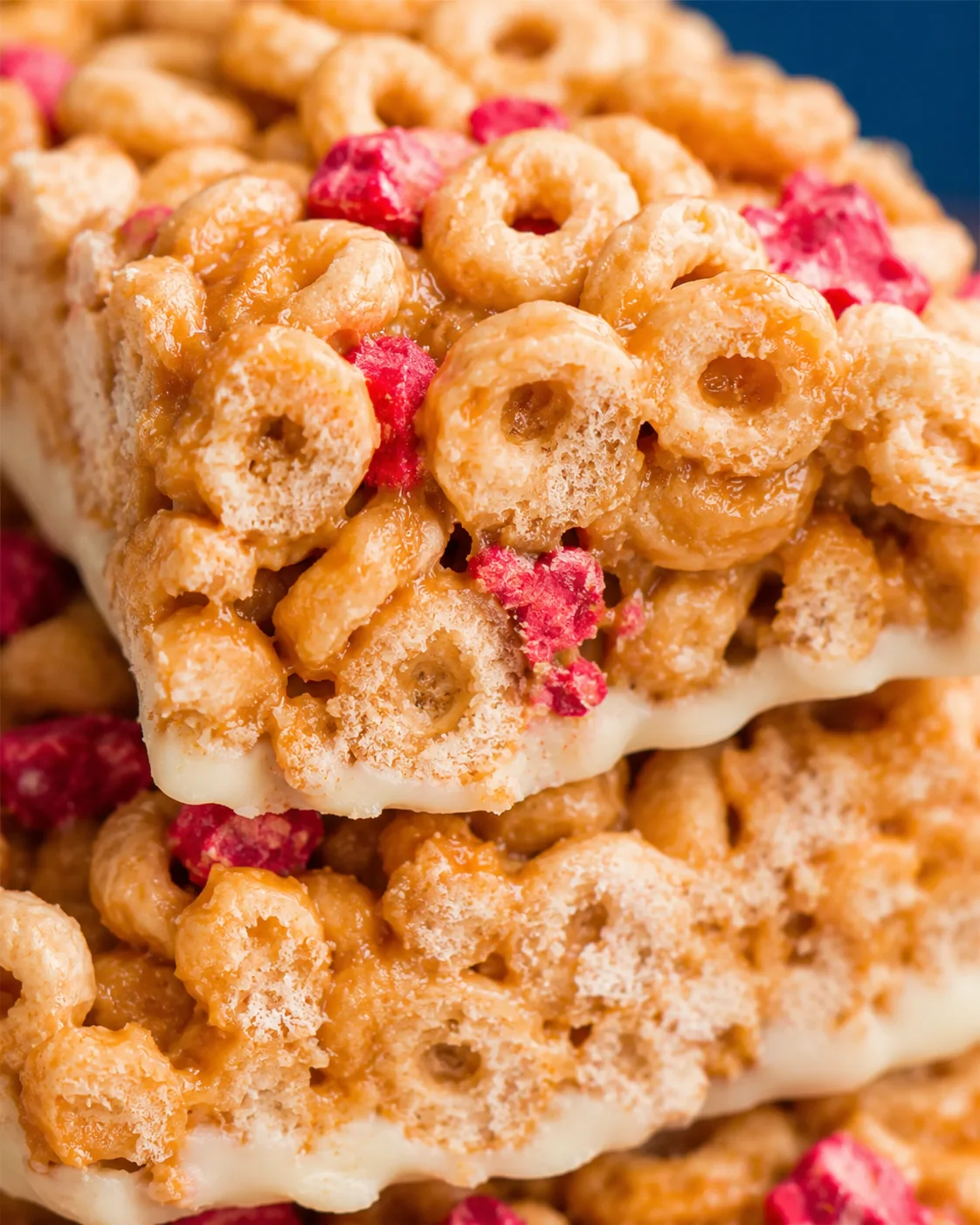 Close-up of chewy homemade cereal bars with fruits and nuts on top.