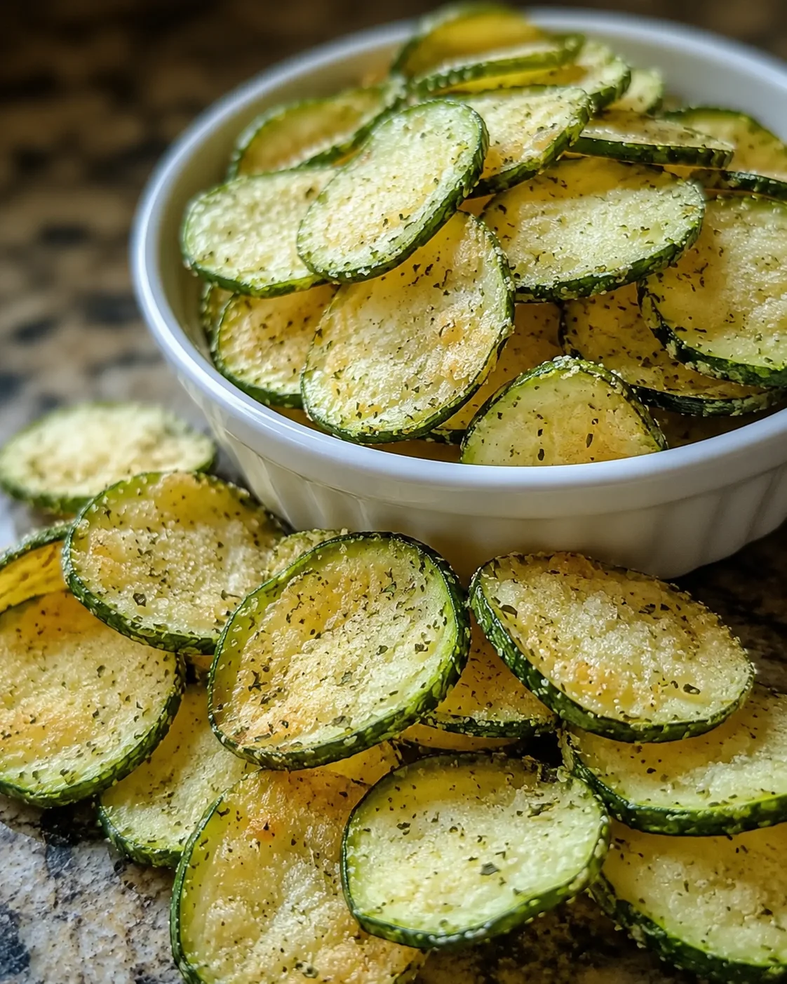 Crispy cucumber chips coated with zesty ranch seasoning in a white bowl.