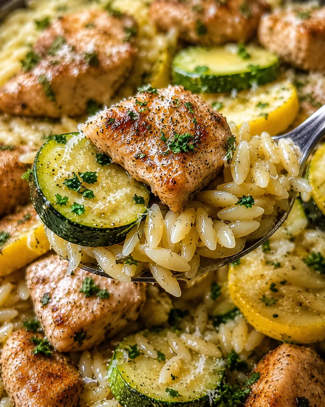 Close-up of cooked chicken breast with zucchini and orzo pasta