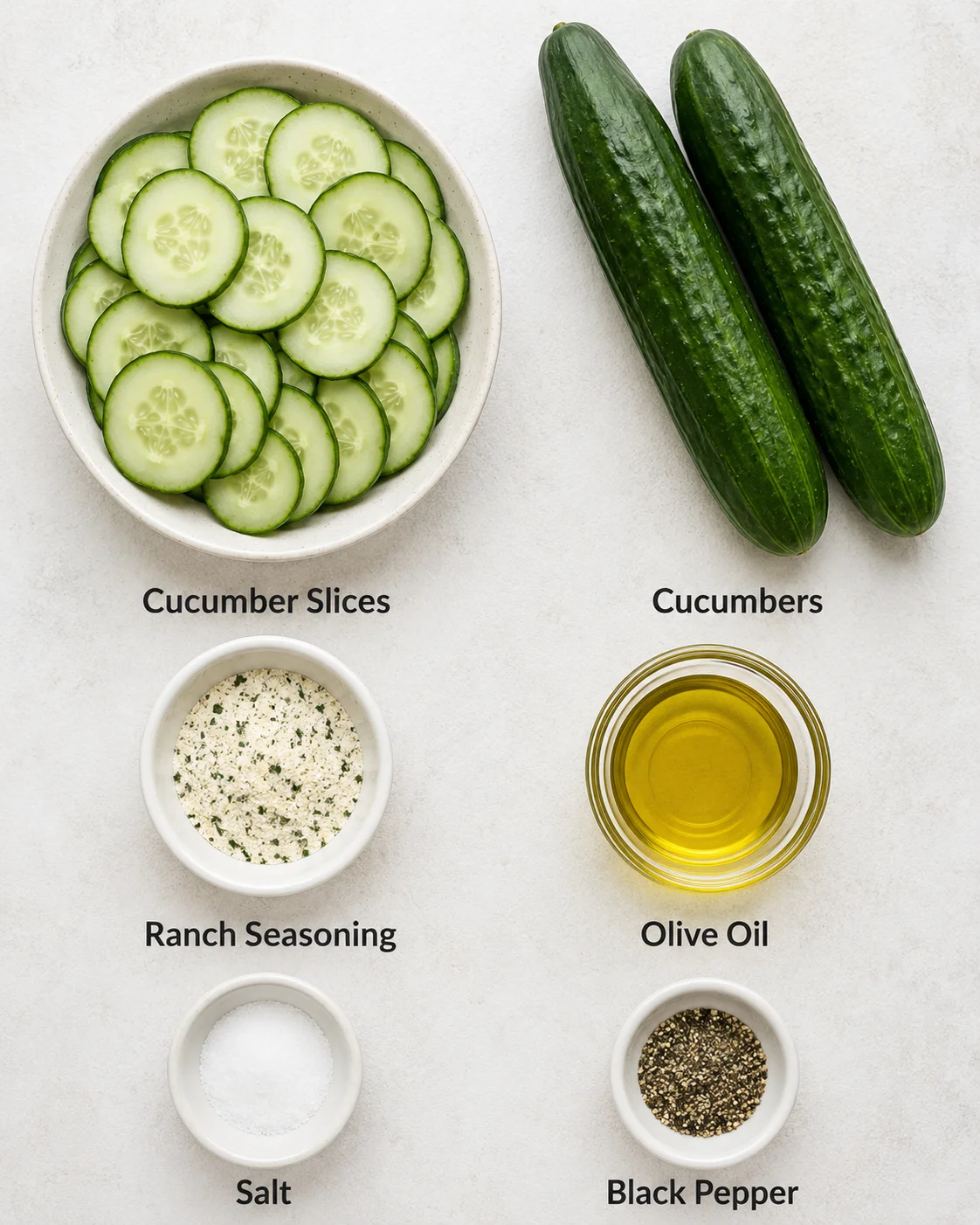 Fresh cucumber slices on a bowl with whole cucumbers and seasonings nearby.