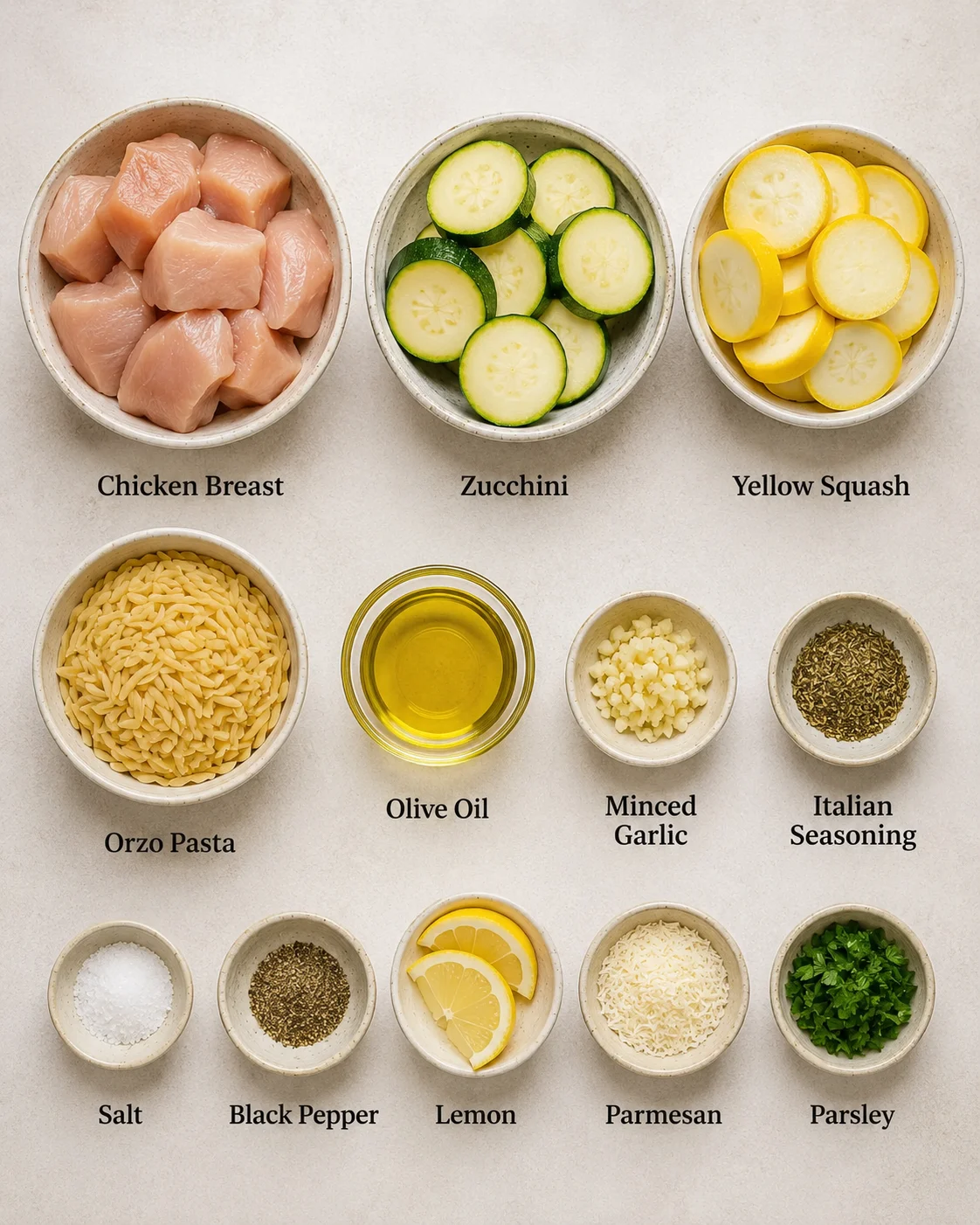 Fresh chicken, zucchini, yellow squash, and ingredients for a quick skillet meal.