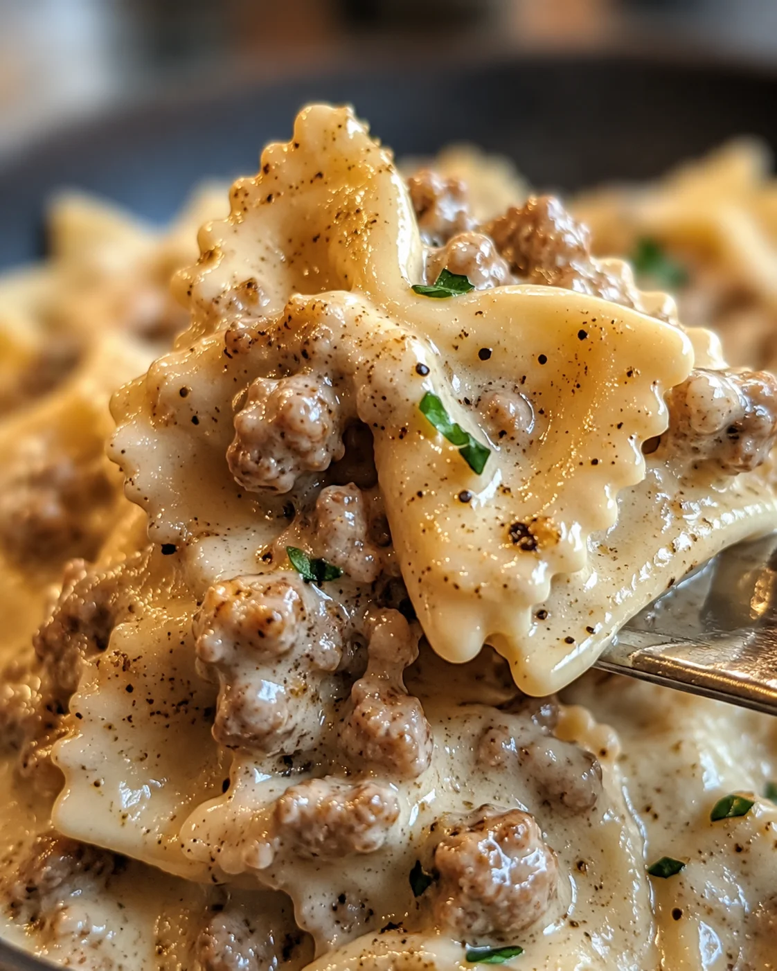 Close-up of creamy Cajun Alfredo bowties with ground beef in a skillet