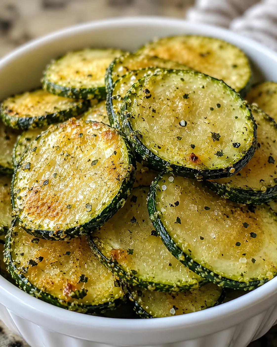 Crispy, seasoned cucumber chips in a white bowl, sprinkled with herbs and spices.