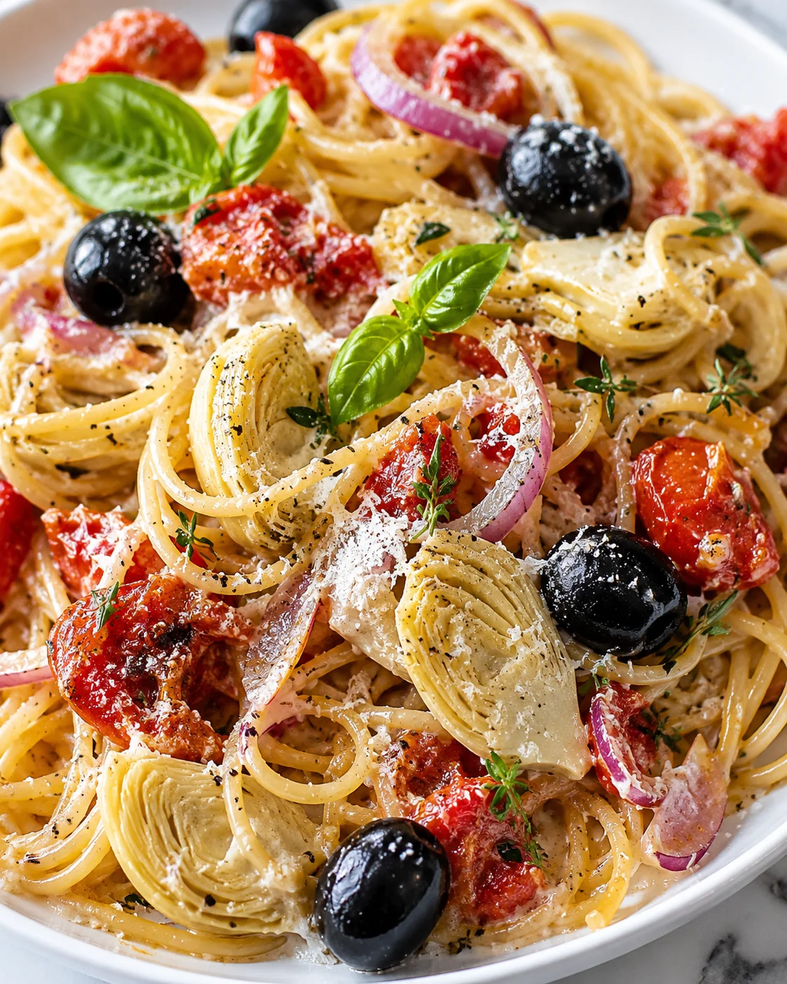 Close-up of a flavorful Mediterranean pasta dish with olives, artichokes, and herbs