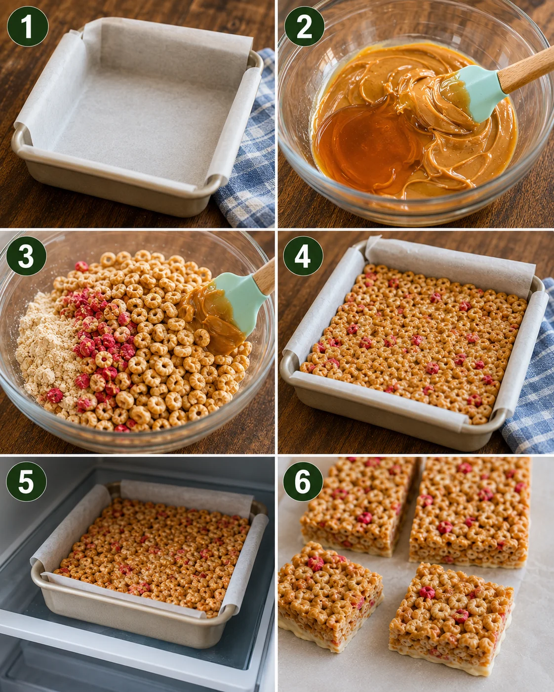 Step-by-step images of making quick and easy homemade cereal bars.