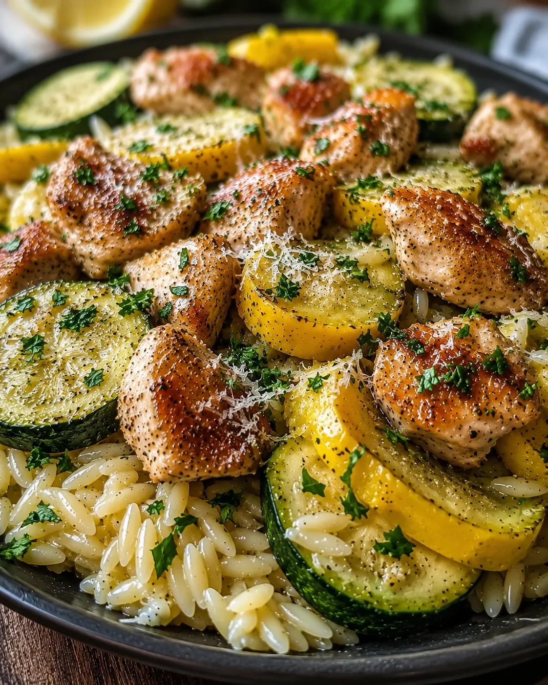 Colorful dish with chicken, zucchini, yellow squash, and pasta topped with Parmesan.