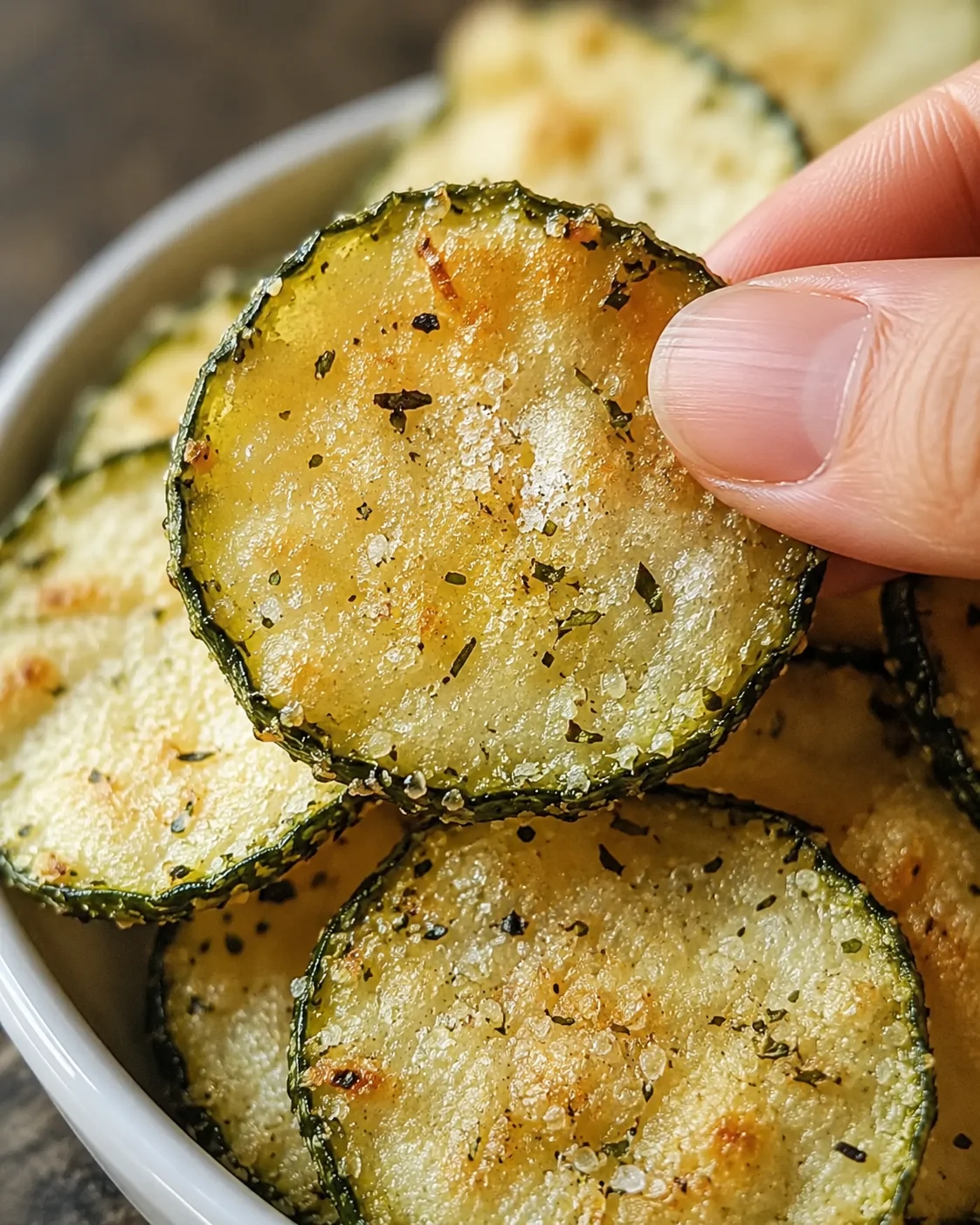 Bowl of crispy, seasoned cucumber chips with ranch flavor and crunchy texture.