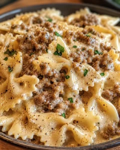 Creamy Cajun Alfredo pasta with ground beef and bowtie pasta in a skillet.
