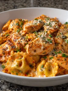Cheesy ravioli with shredded chicken and fresh herbs in a white bowl.