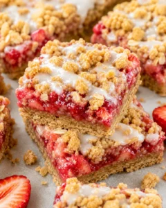 Close-up of homemade strawberry oatmeal bars with a crumbly topping and fresh strawberries