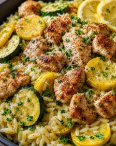 Delicious chicken breast with zucchini, squash, lemon, and Parmesan cheese.