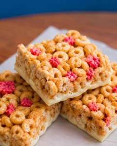 Chewy, homemade cereal bars topped with red berries on a wooden surface.