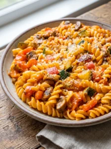 Close-up of colorful veggie pasta in a rustic bowl on a wooden surface.