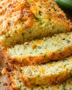 Golden loaf of zucchini cheddar cheese herb beer bread with crispy crust slices
