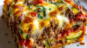 Close-up of a cheesy zucchini pizza casserole with melted cheese and vegetables.