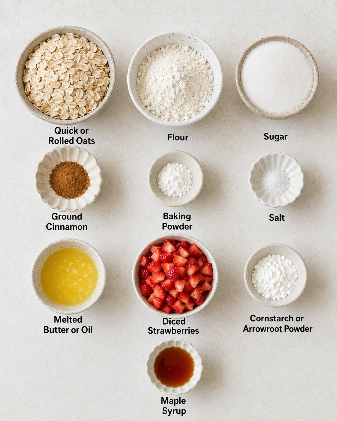 Close-up of ingredients for strawberry oatmeal bars including oats, flour, strawberries, and syrup.