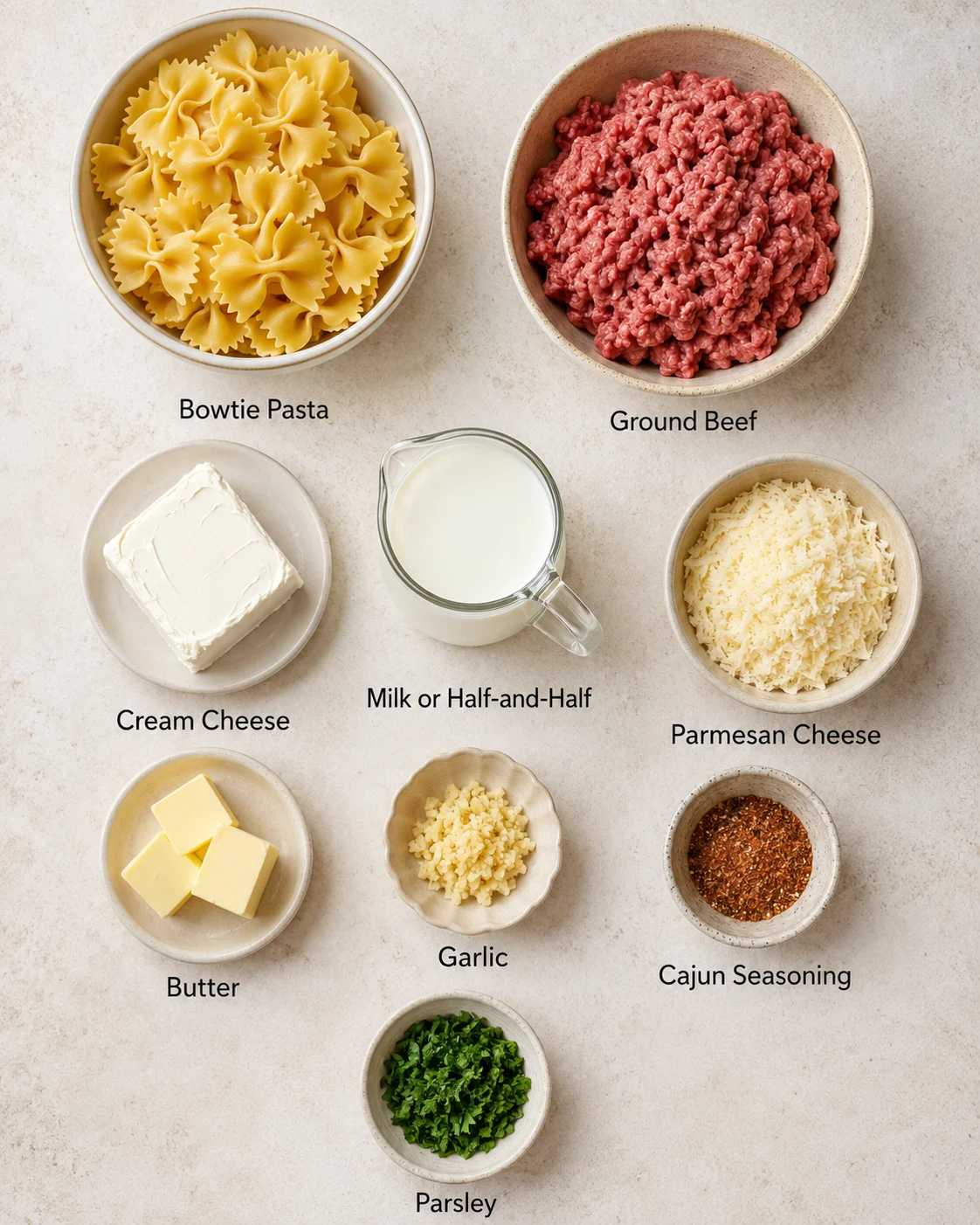 Delicious creamy Cajun Alfredo pasta with bowtie noodles and ground beef.