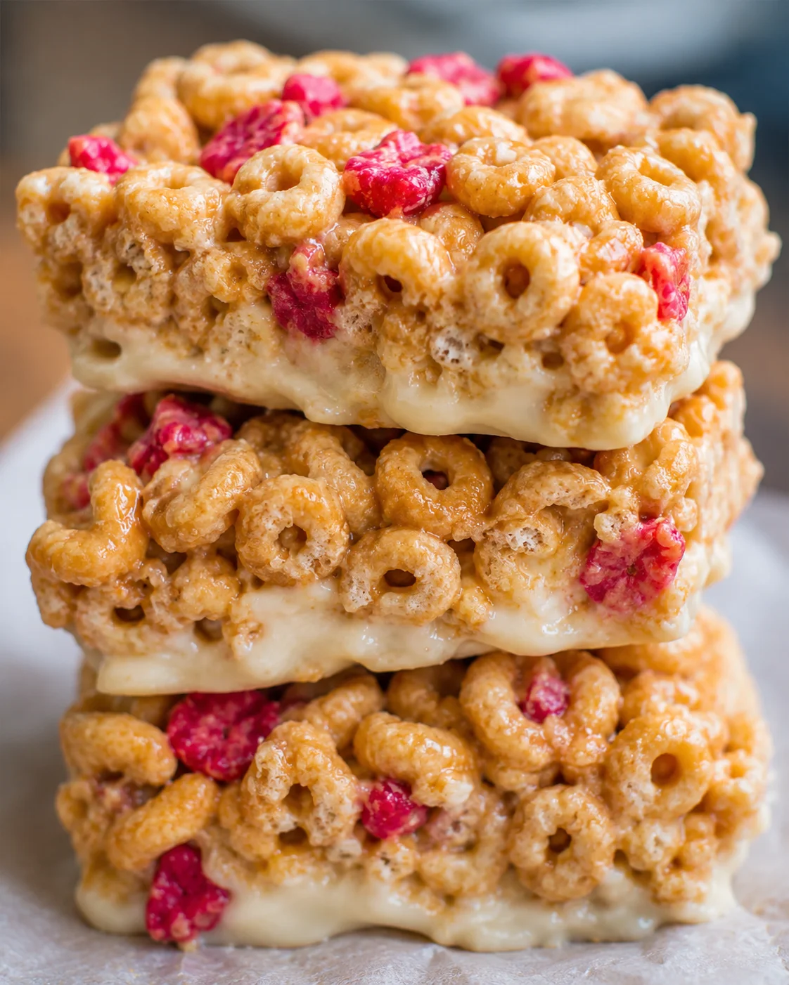 Close-up of chewy homemade cereal bars with raspberries and creamy center
