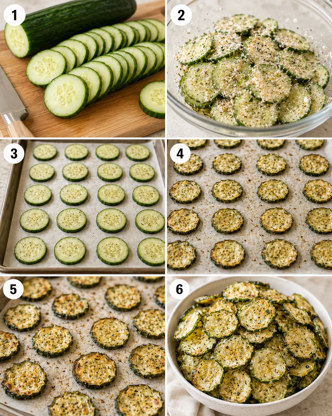 Fresh sliced cucumbers coated with ranch seasoning ready for baking.