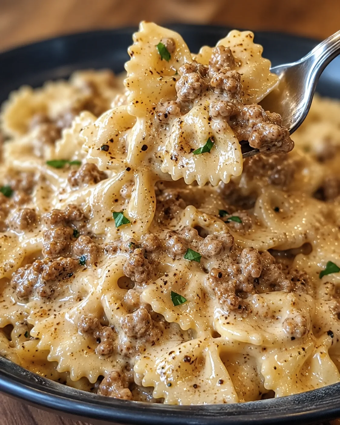 Close-up of creamy Cajun Alfredo pasta with ground beef and bowtie pasta.