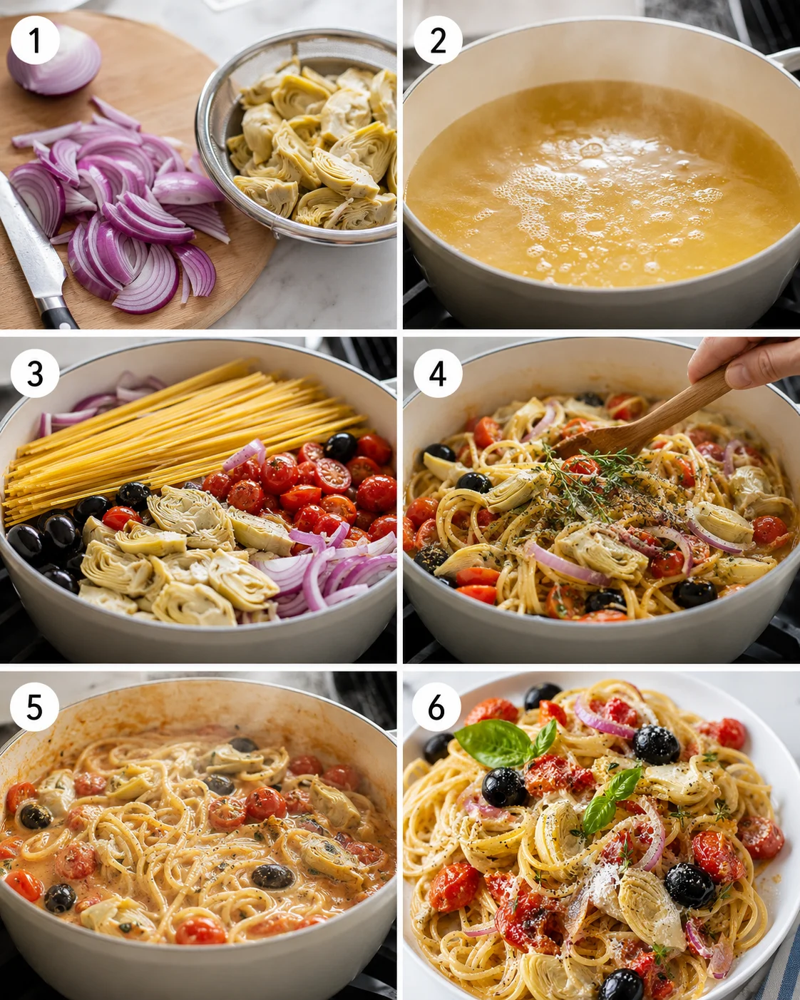 Step-by-step images of preparing a flavorful Mediterranean pasta dish.