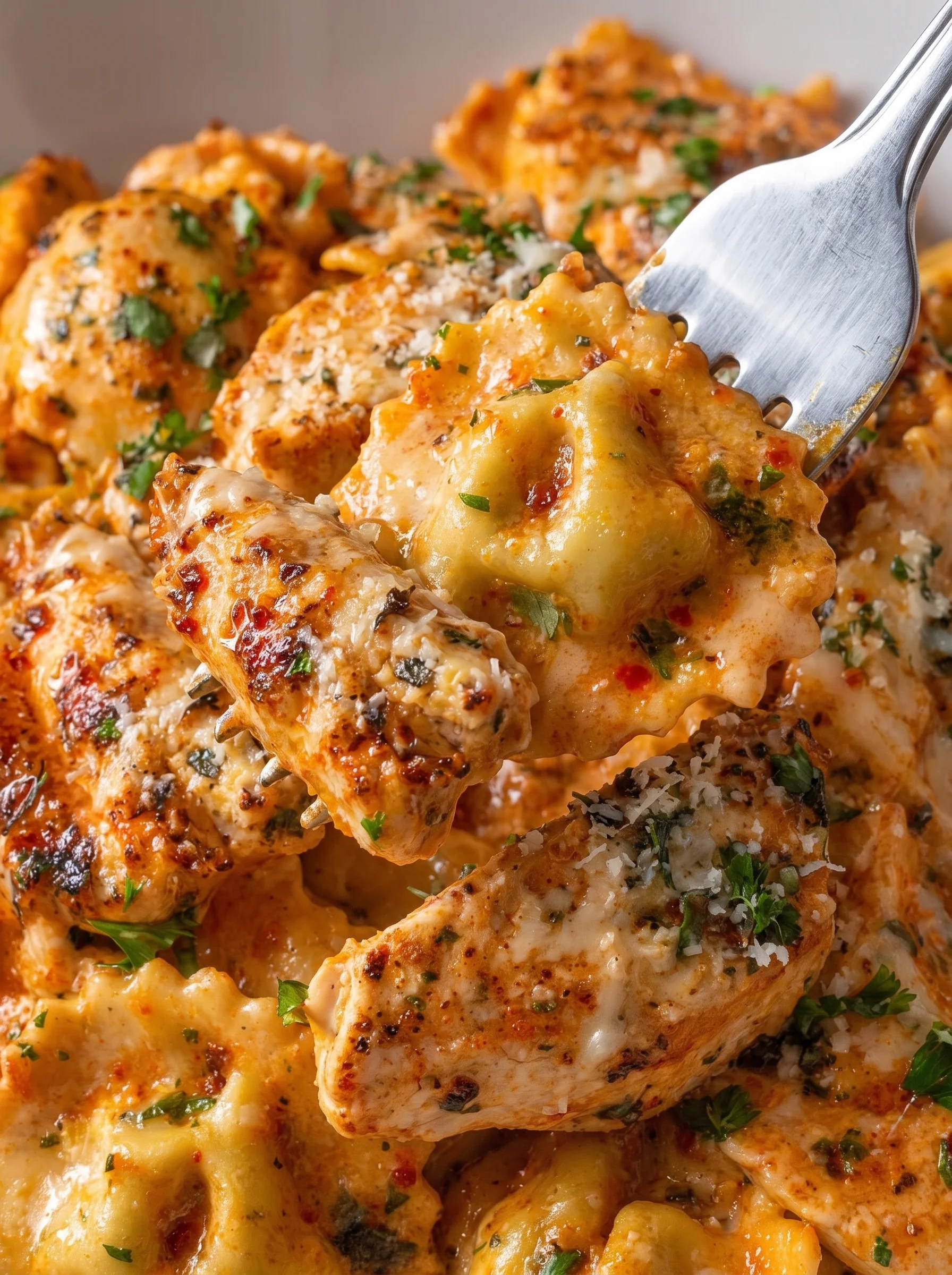 Close-up of cheesy, baked ravioli topped with herbs and melted cheese.