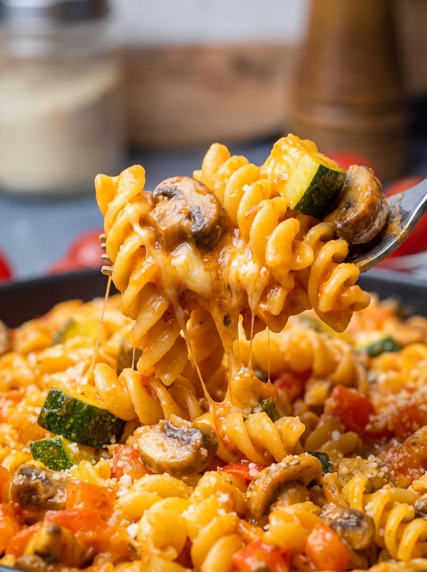 Close-up of cheesy vegetable pasta being lifted with a fork.