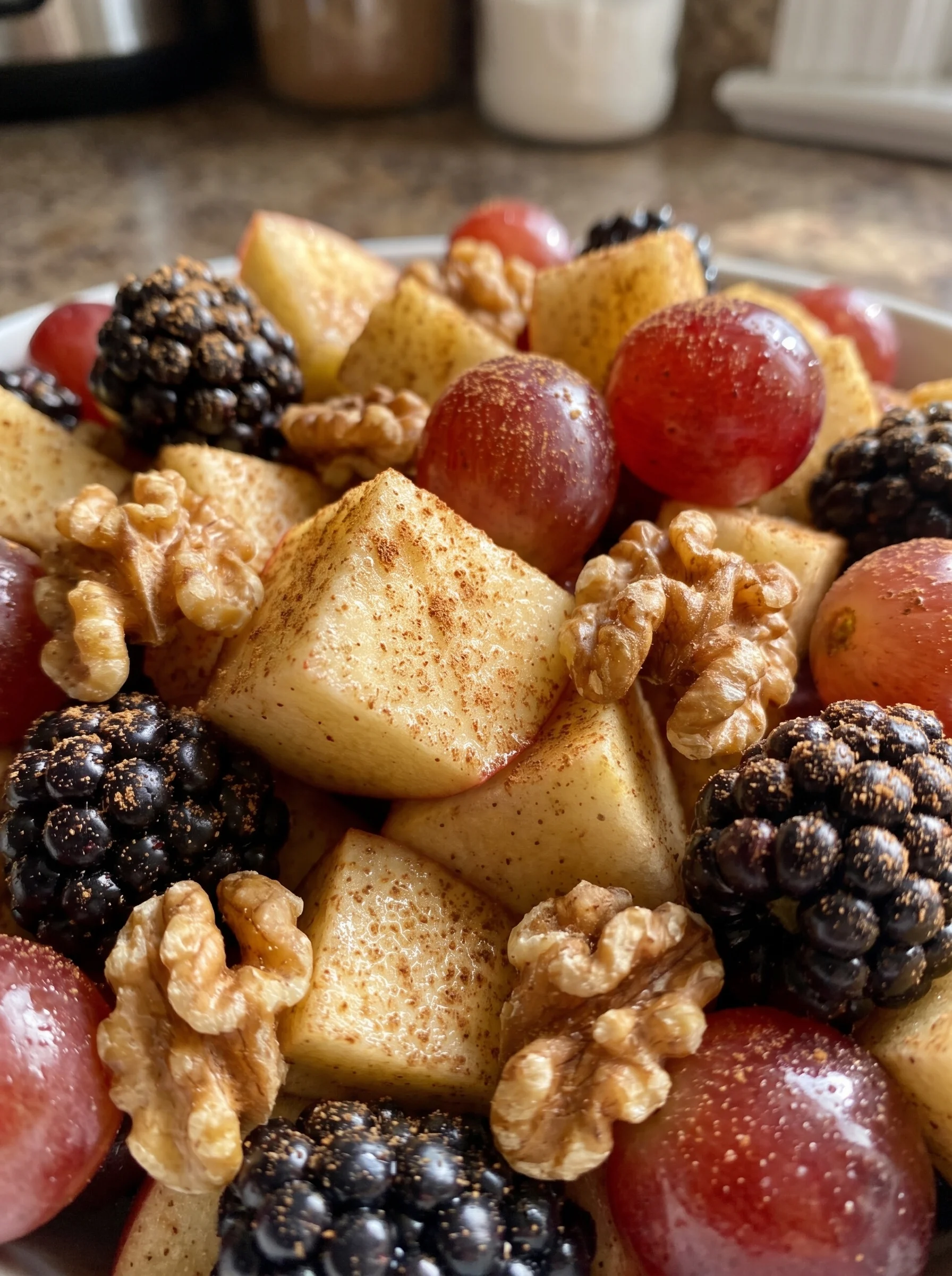 Colorful fall fruit salad with apples, grapes, blackberries, and walnuts topped with cinnamon dressing