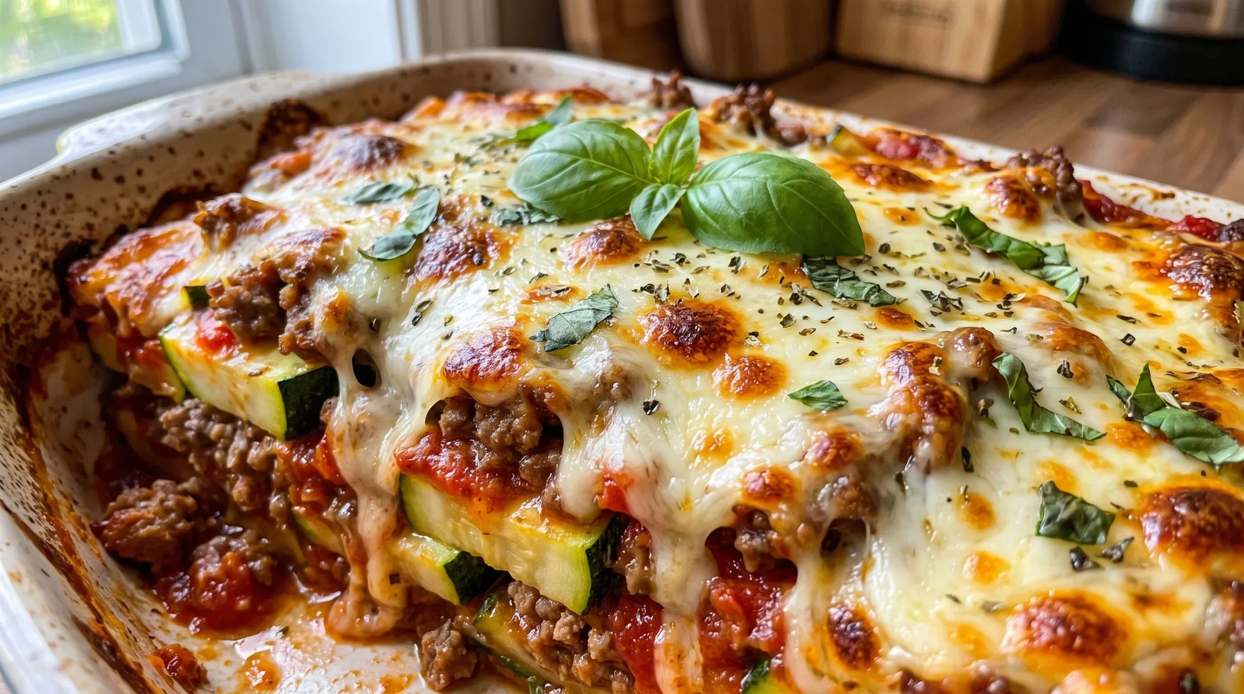 Zucchini Pizza Casserole Delicious zucchini casserole topped with melted cheese and fresh basil leaves.