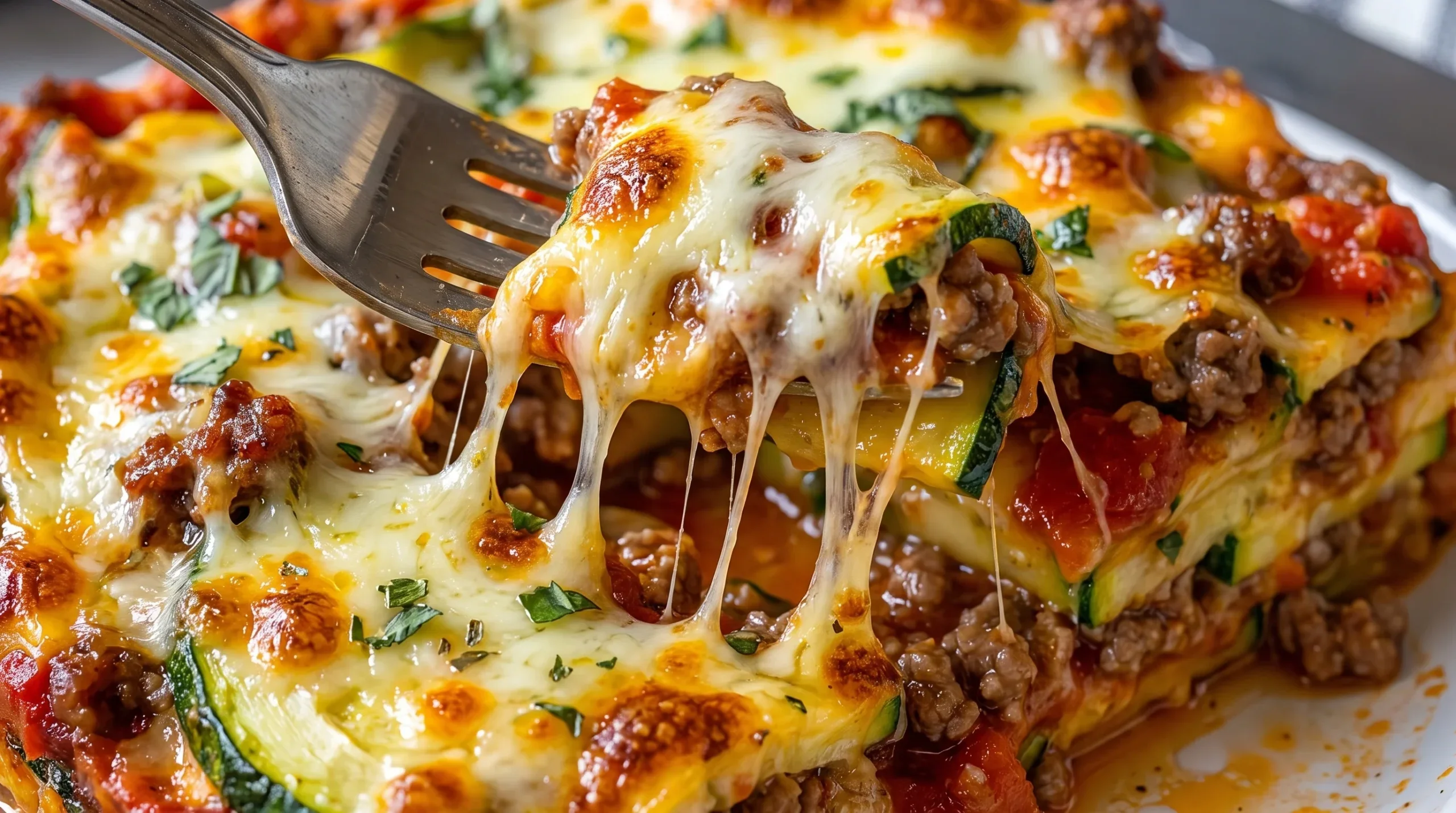 Low Carb Zucchini Pizza Casserole Delicious cheesy zucchini pizza casserole with melted cheese and toppings.