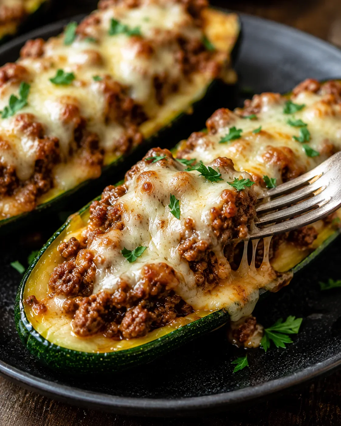 Ground Beef Zucchini Boats Delicious baked zucchini halves filled with savory ground beef and melted cheese.
