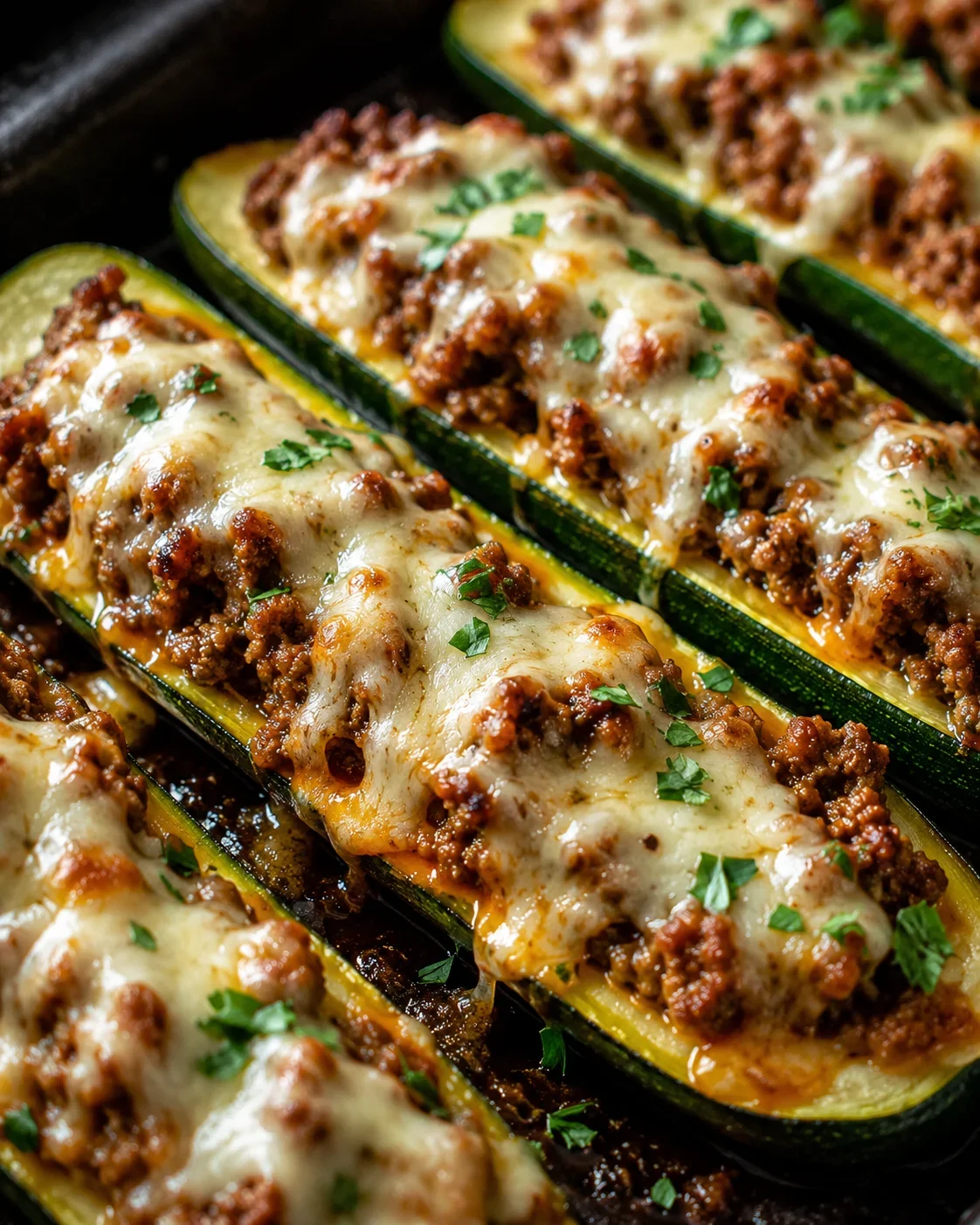 Delicious zucchini boats filled with savory ground beef and melted cheese on a baking tray.