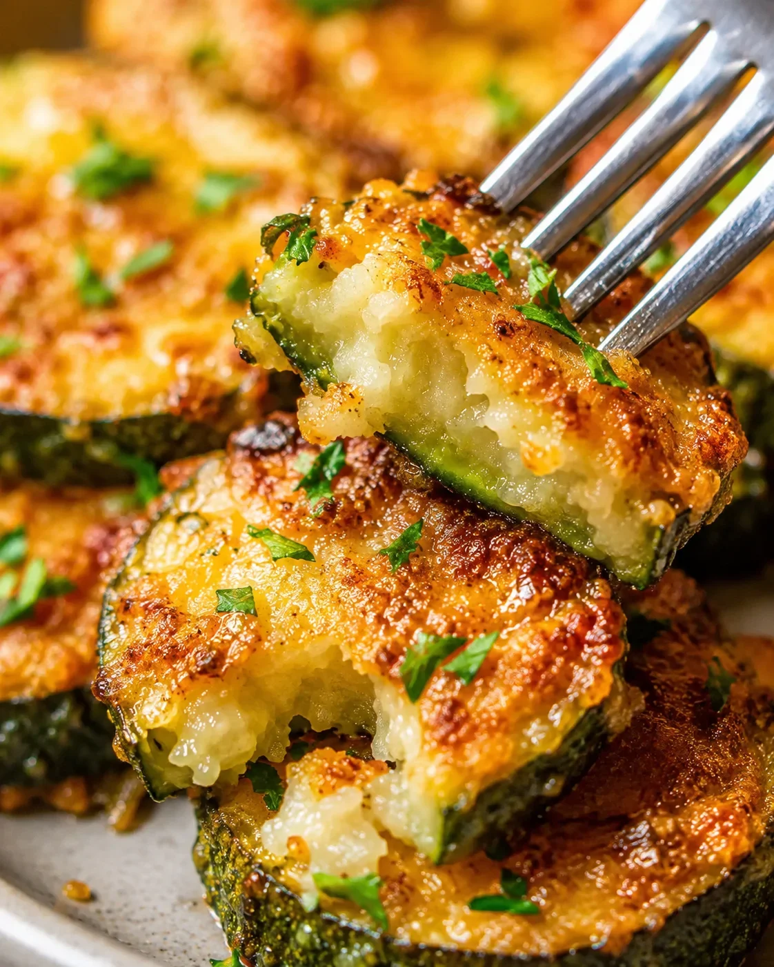 Crispy Air Fryer Zucchini Golden, crispy parmesan-coated zucchini slices on a plate, garnished with parsley.