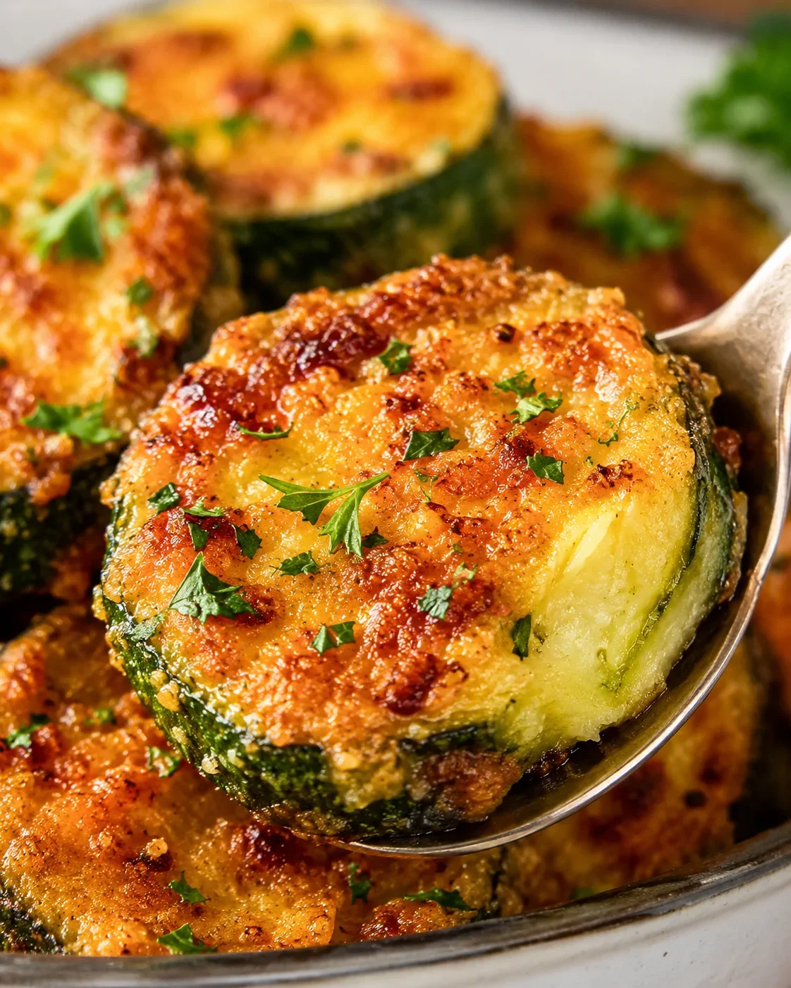Crispy Air Fryer Zucchini Bites Golden crispy air fryer zucchini with melted cheese and herbs, ready to serve.