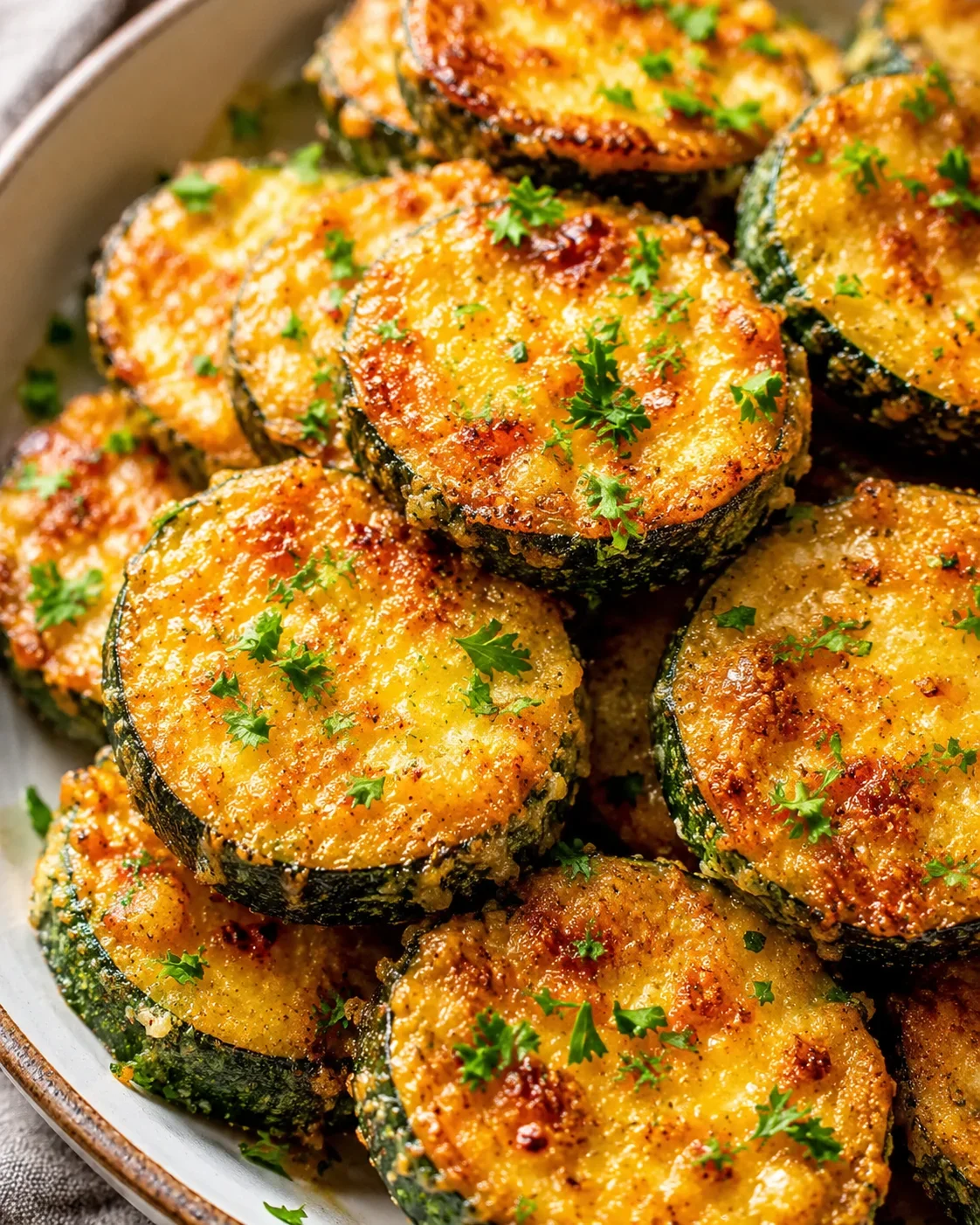 Crispy Air Fryer Zucchini Bites Golden, crispy parmesan-coated zucchini slices ready to serve