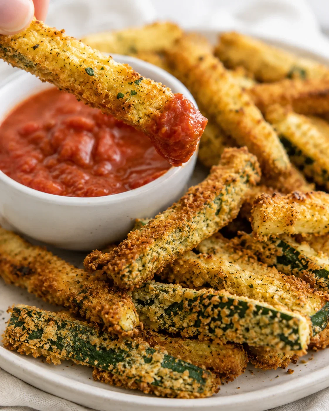Golden, crunchy zucchini fries served with marinara sauce in a white bowl.