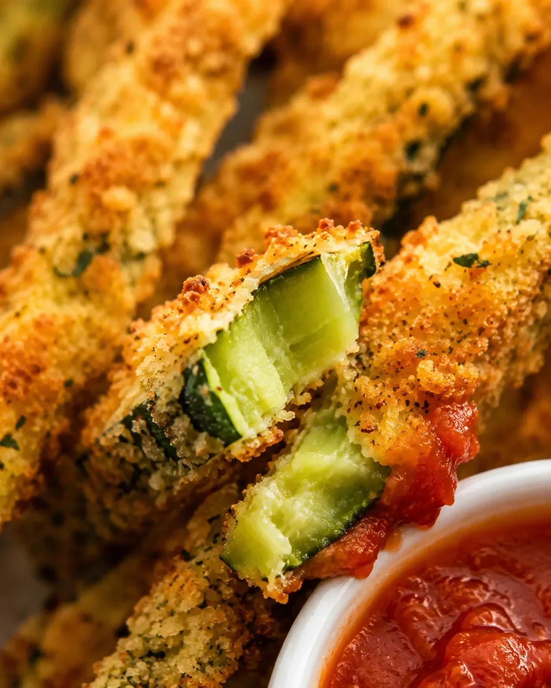 Crispy Air Fryer Zucchini Fries Close-up of golden-brown zucchini fries with a side of marinara sauce.