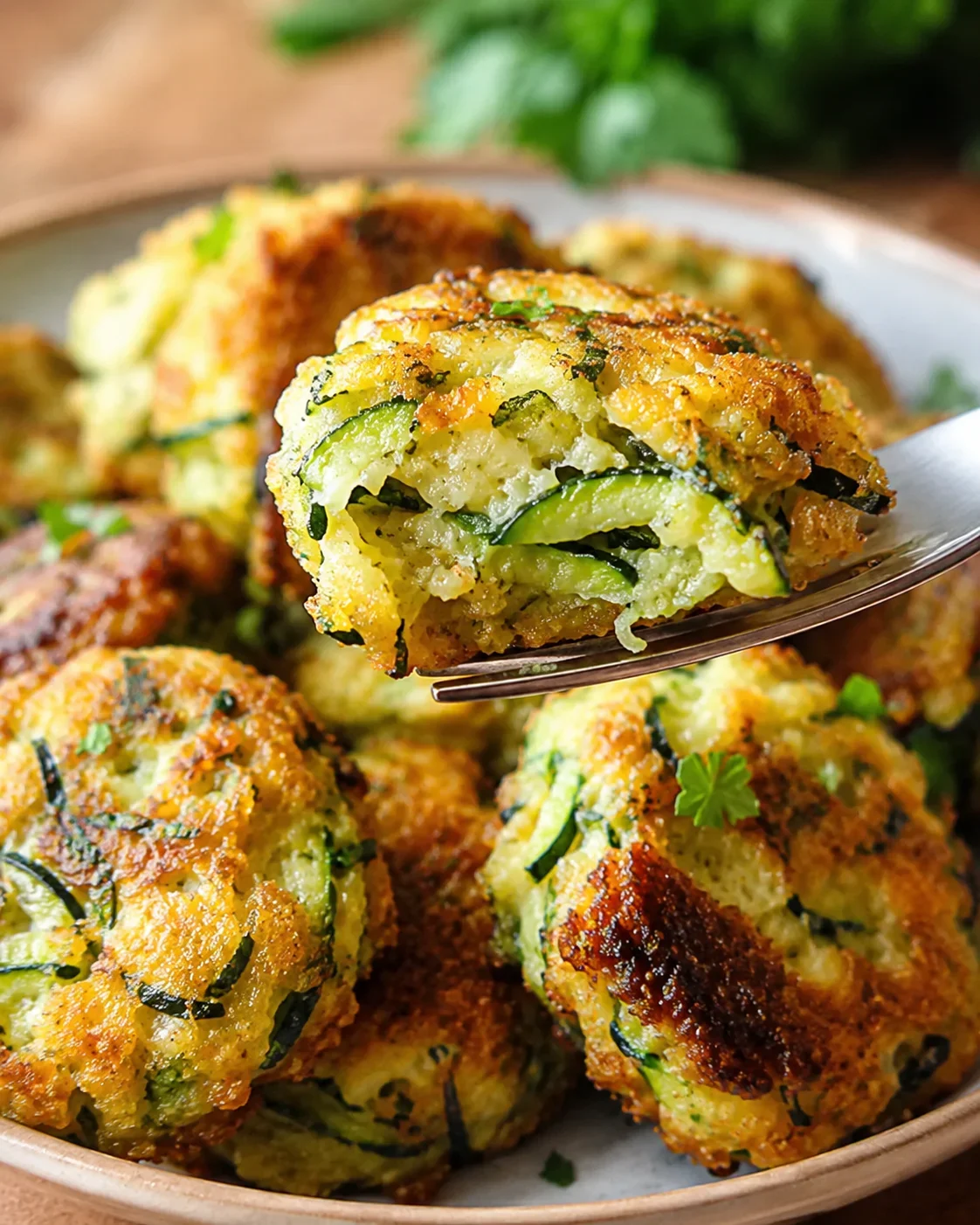 Crispy Zucchini Garlic Bites Close-up of crispy zucchini bites with herbs and garlic on a plate