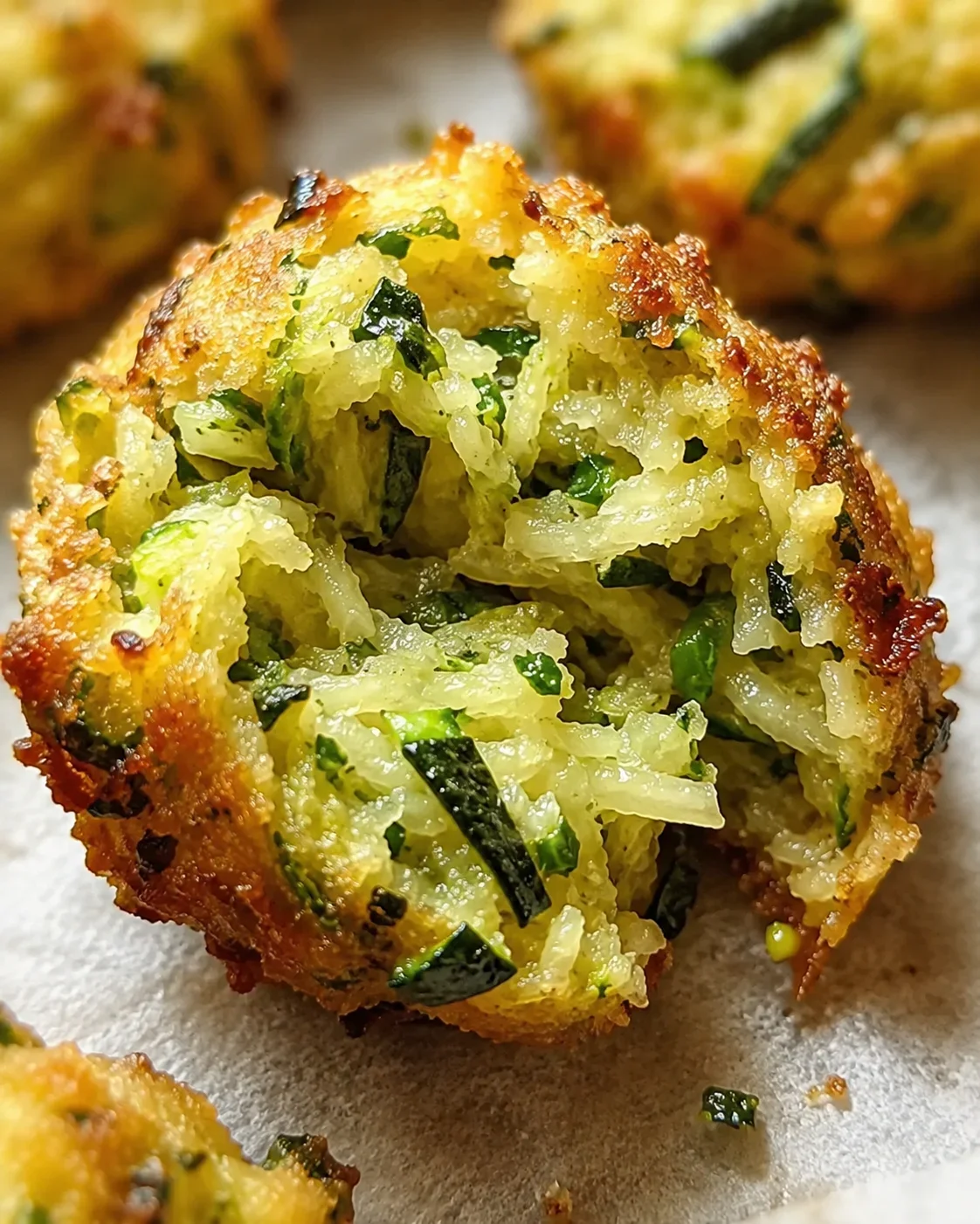 Crispy Zucchini Garlic Bites Close-up of crispy zucchini bites with herbs and melted cheese.