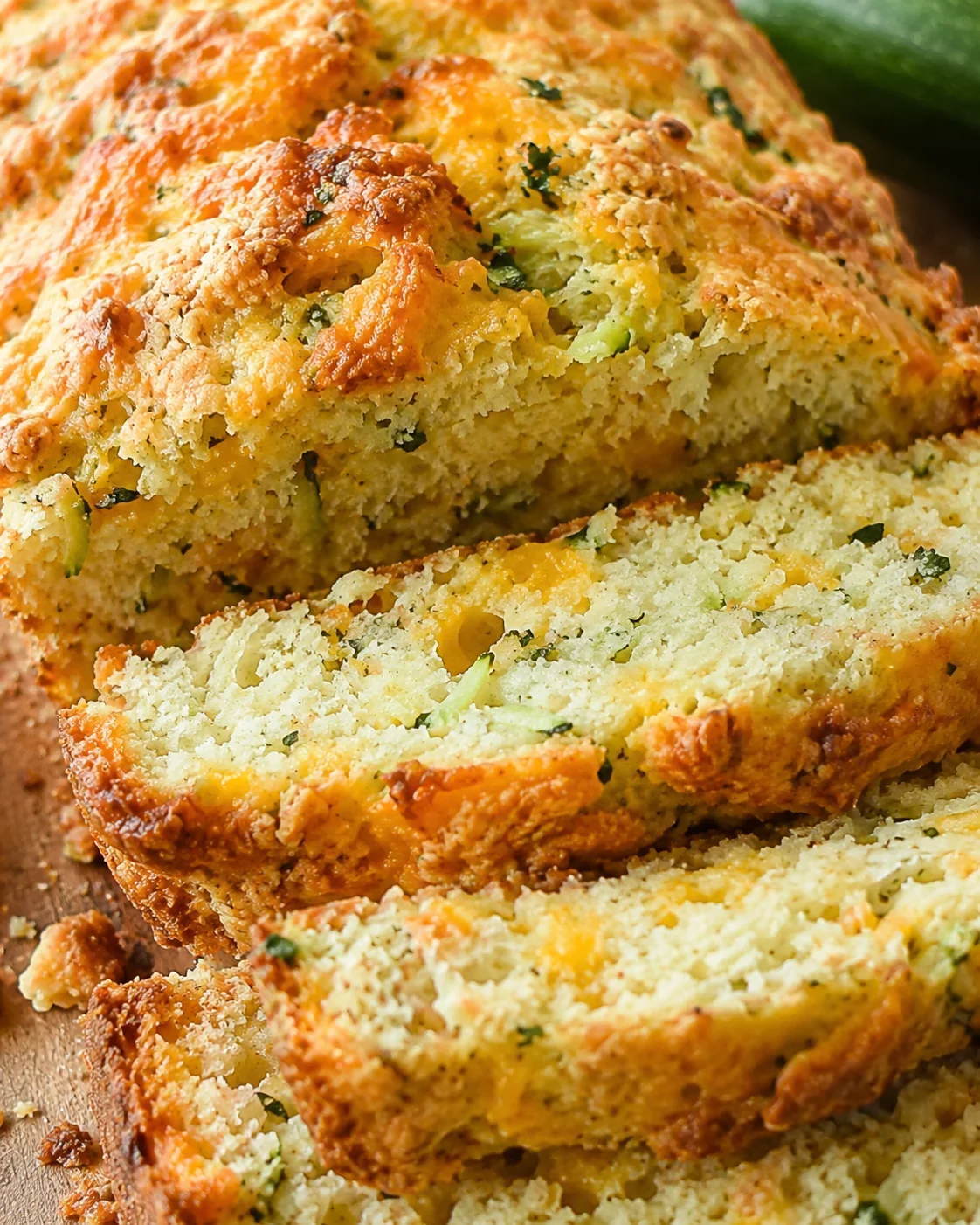 Golden loaf of zucchini cheddar cheese herb beer bread with herbs and cheese.