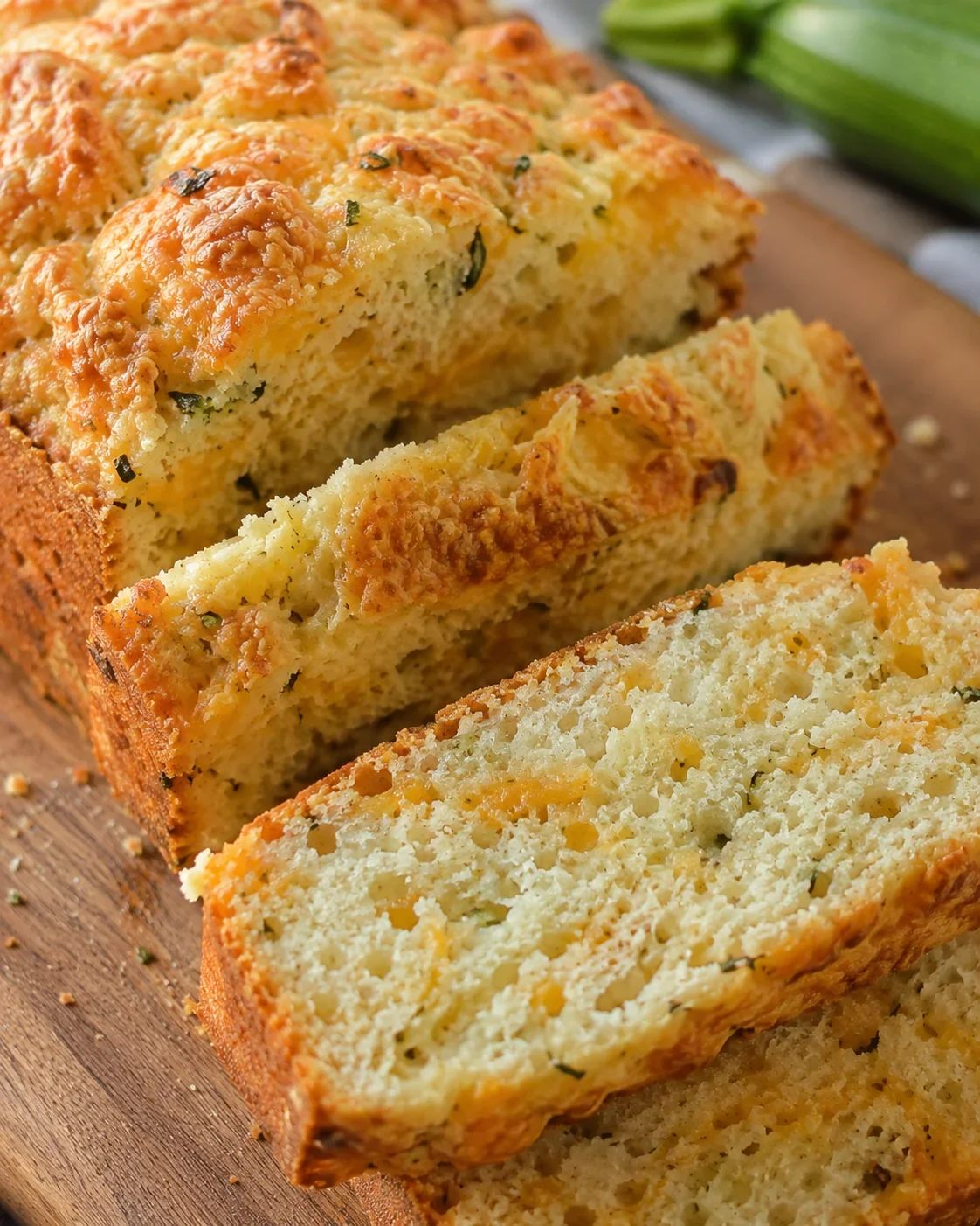 Cheddar Zucchini Herb Beer Bread Golden loaf of cheddar zucchini herb beer bread with crispy crust.