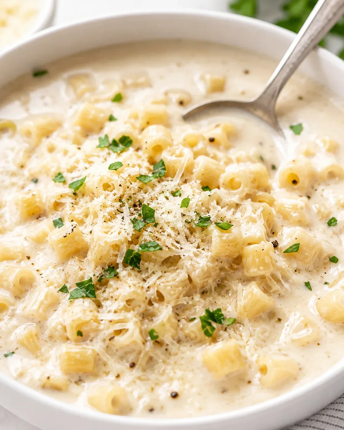Creamy Garlic Parmesan Pasta Soup A bowl of creamy garlic Parmesan pasta soup with garnishes and cheese