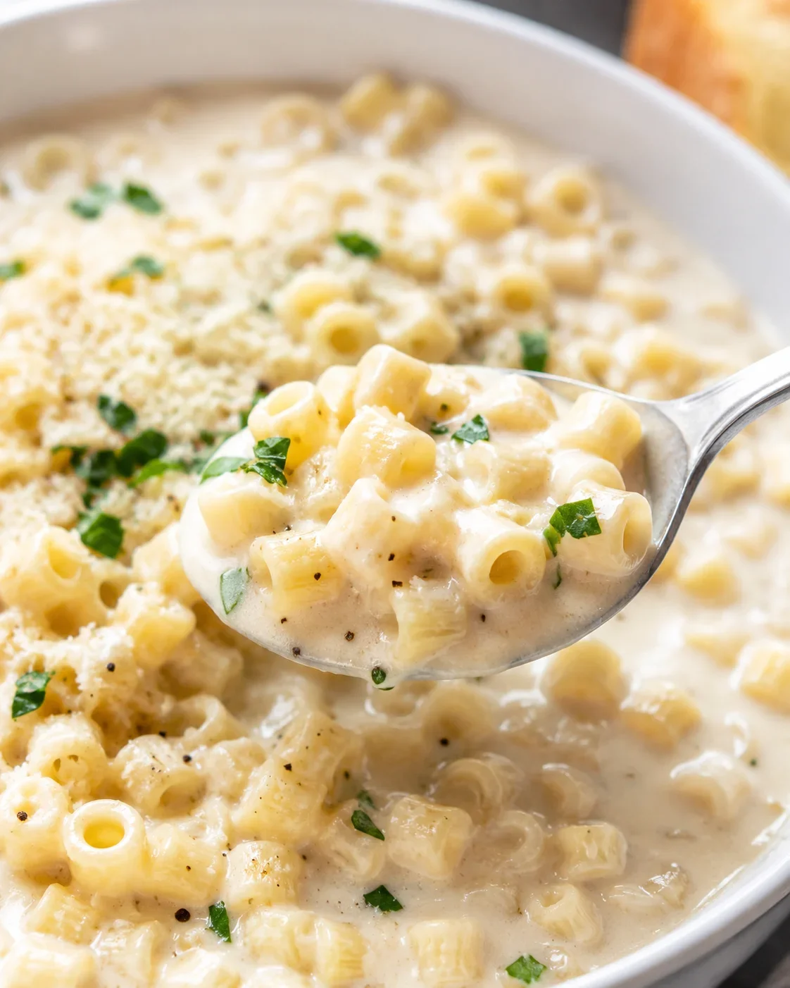 Creamy Garlic Parmesan Pasta Soup Close-up of creamy garlic pasta soup with Parmesan and herbs in a bowl