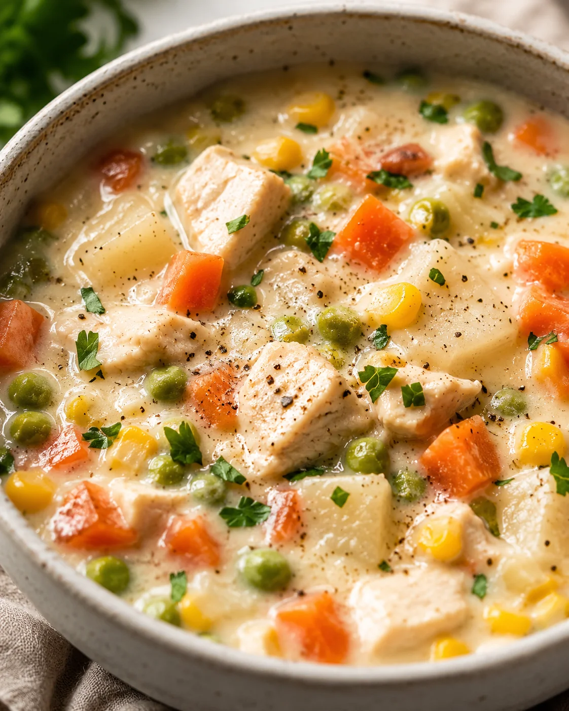 Creamy chicken and vegetable soup in a bowl, fresh herbs on top