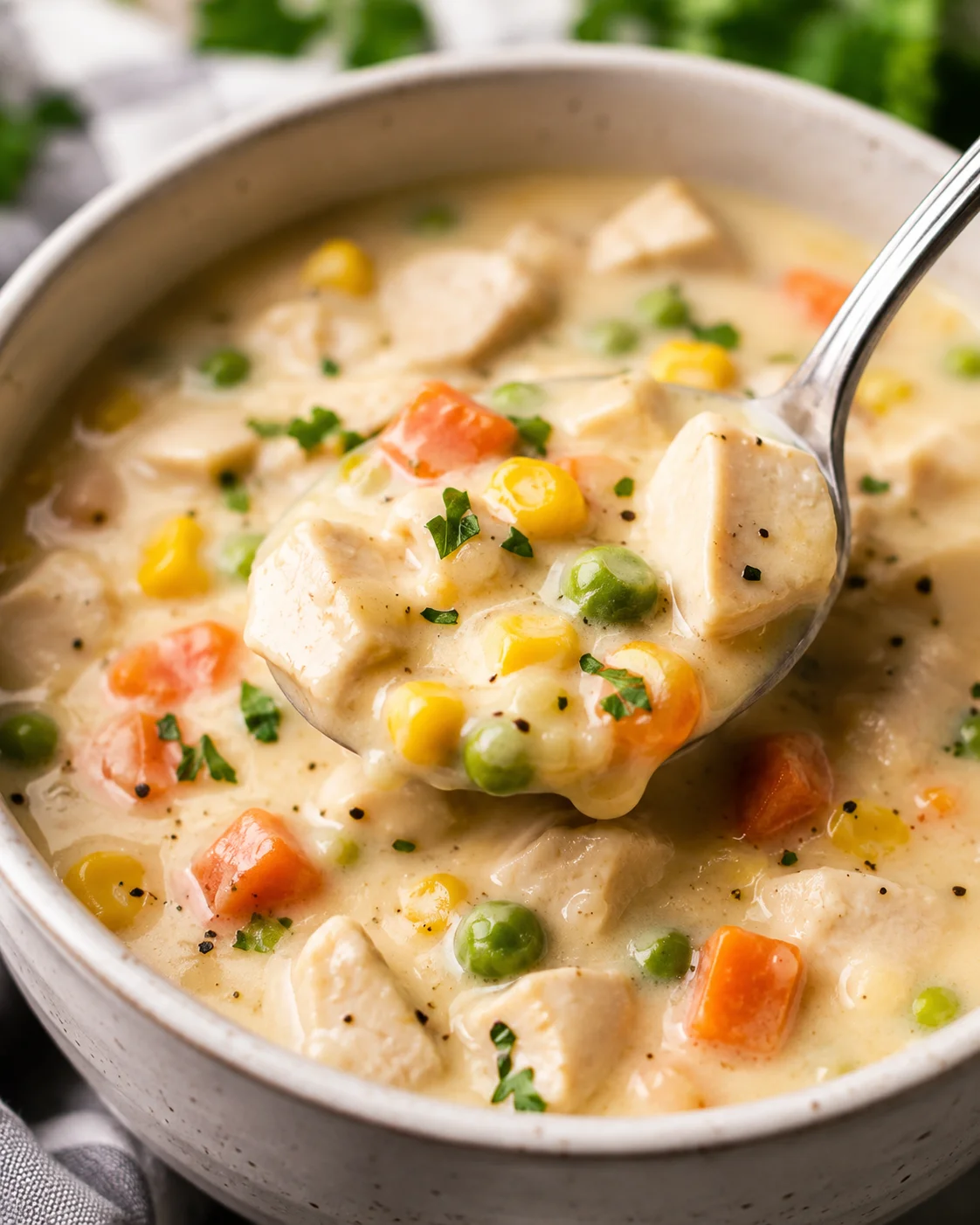 Chicken Pot Pie Soup Creamy homemade chicken pot pie soup with vegetables in a bowl