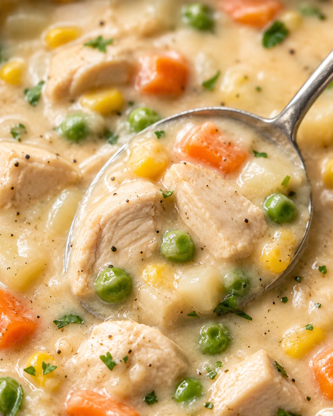 Creamy Chicken Pot Pie Soup Hearty soup with chicken, vegetables, and creamy homemade broth in a spoon