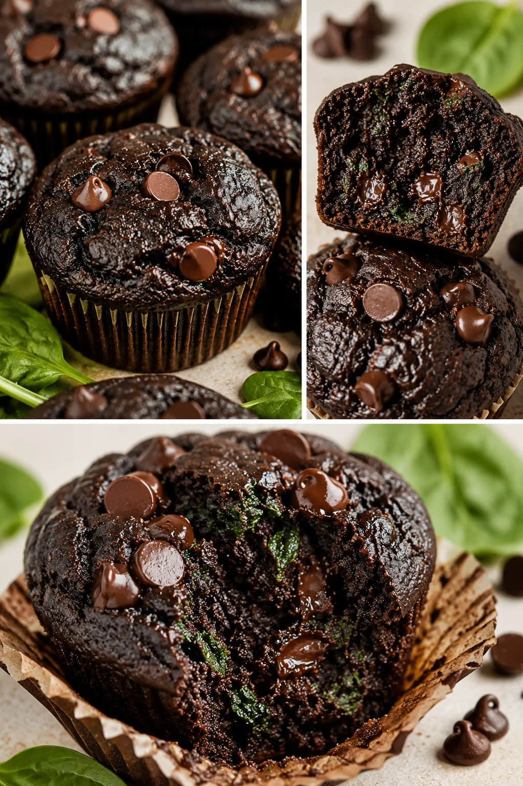 Chocolate Spinach Muffins Delicious chocolate muffins topped with chocolate chips, fresh spinach, and a moist crumb inside.