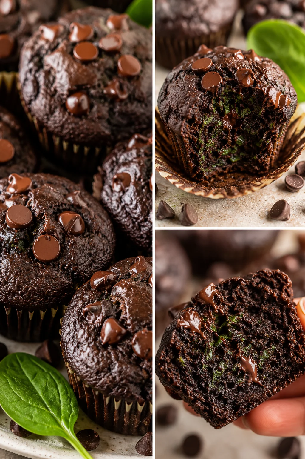 Decadent Chocolate Spinach Muffins Close-up of moist, chocolatey muffins topped with chocolate chips and fresh basil leaf