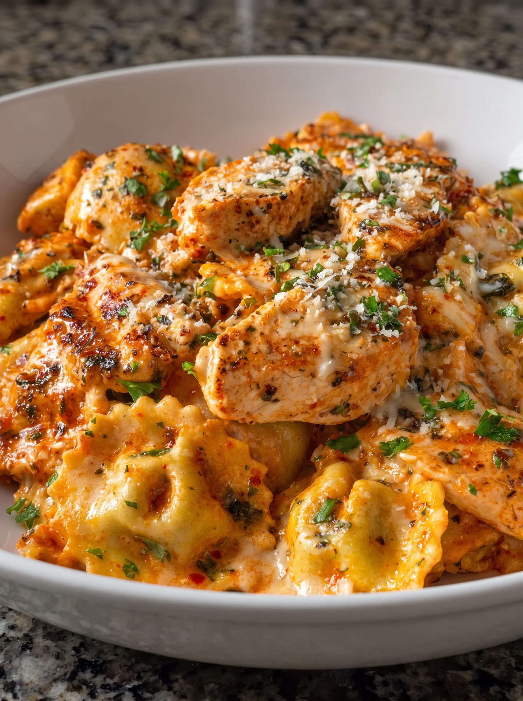 Cheesy ravioli with shredded chicken and fresh herbs in a white bowl.